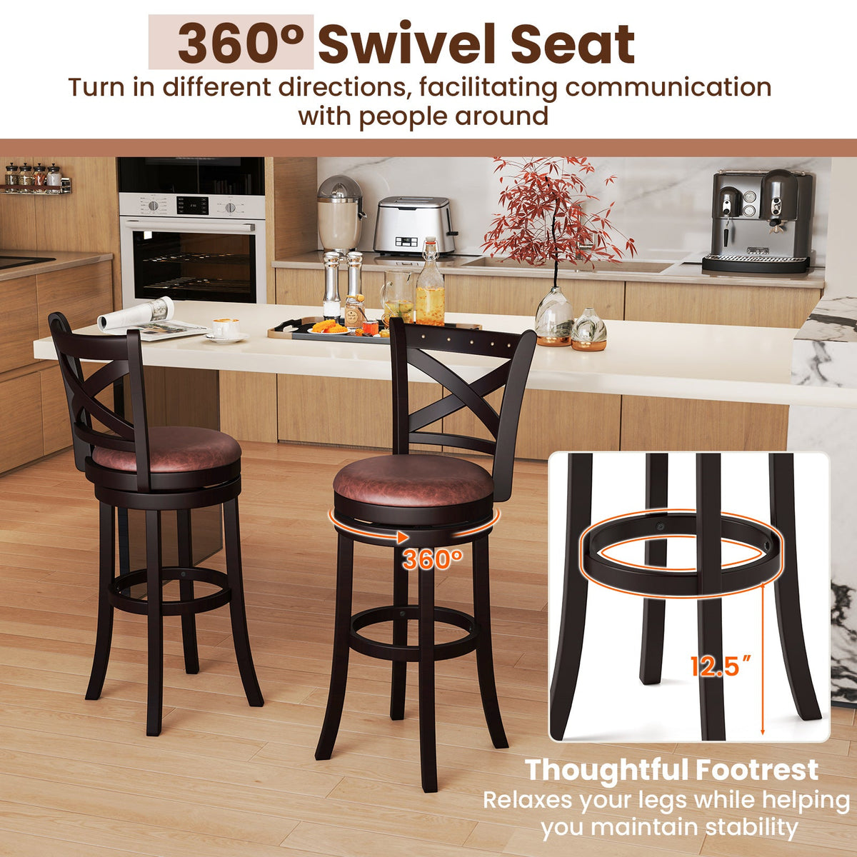 26/30 Inch Swivel Bar Stools Set of 2 Bar Chairs with Padded Seat