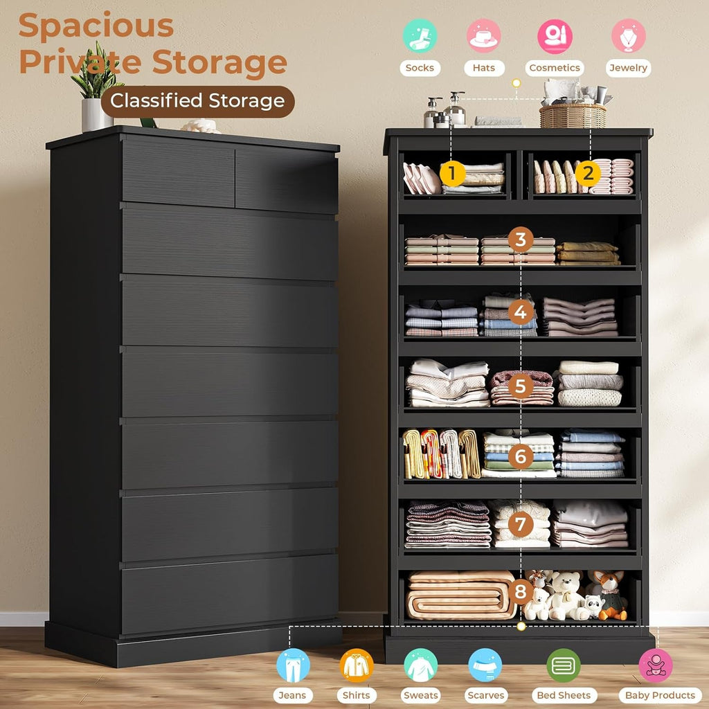 Black Tall Dresser With 8 Drawers Bedroom Storage Solution