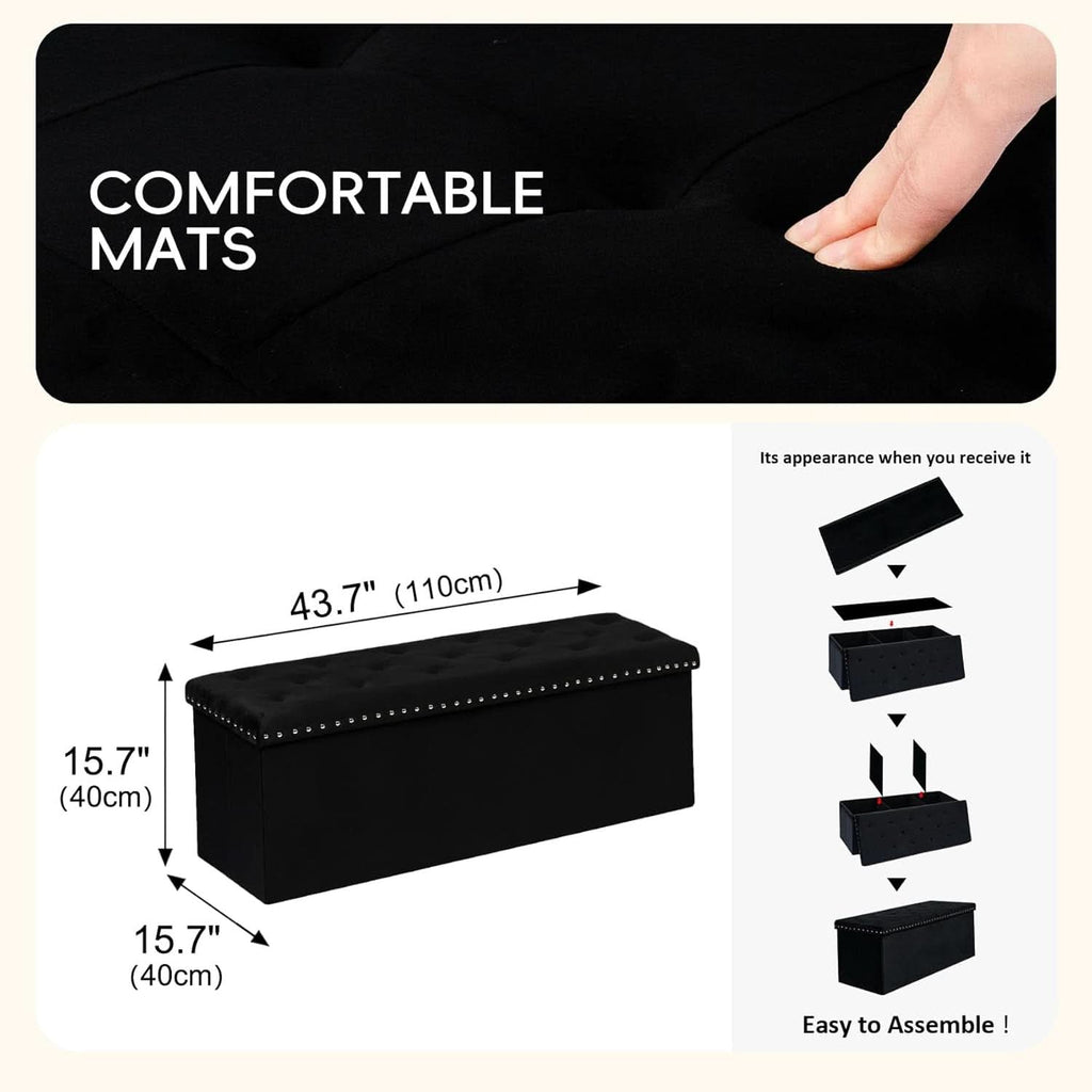 Black Premium Velvet Storage Ottoman Bench Bedroom