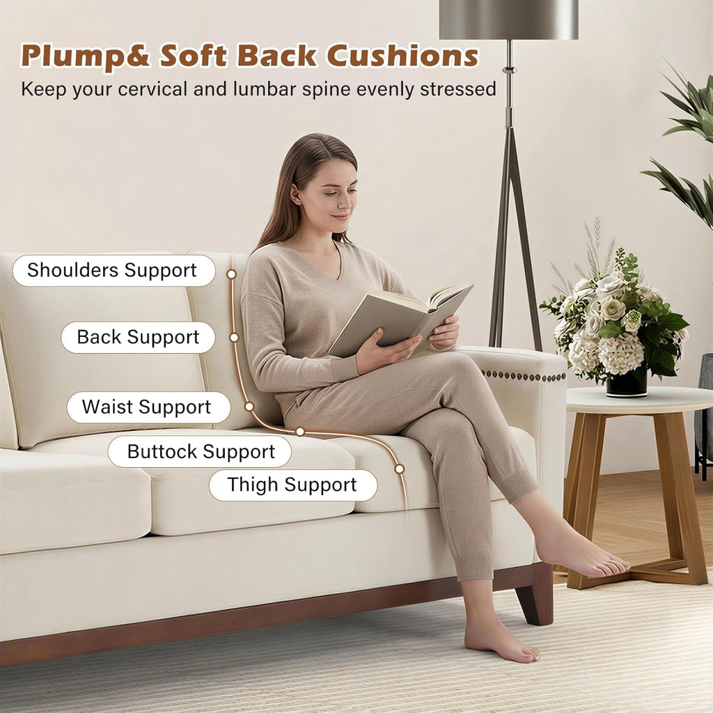Beige ThreeSeater Upholstered Sofa With Nailhead Trim