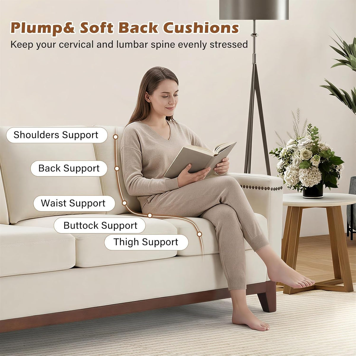 Beige ThreeSeater Upholstered Sofa With Nailhead Trim