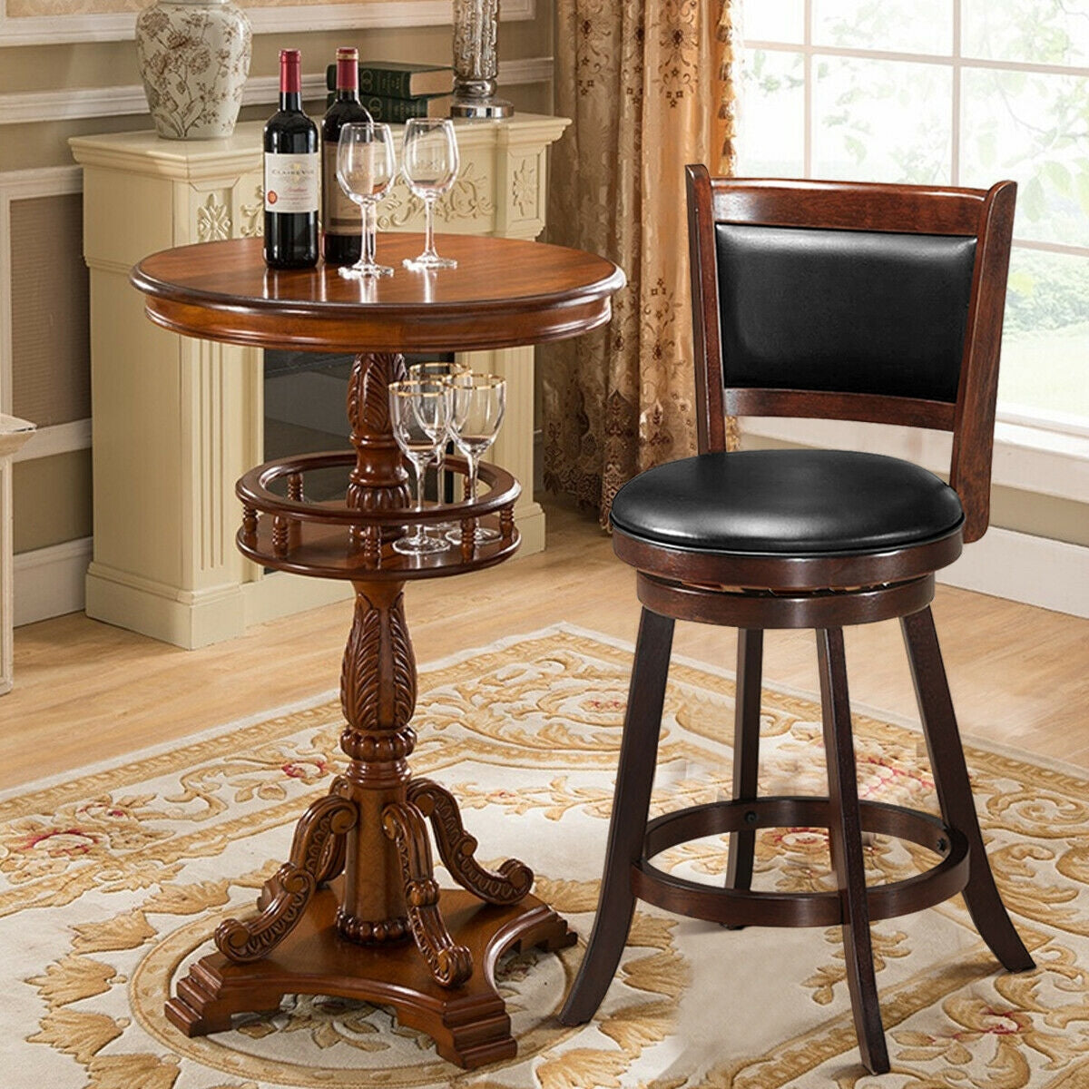 29 Inch Swivel Bar Height Stool Wooden Upholstered Dining Chair