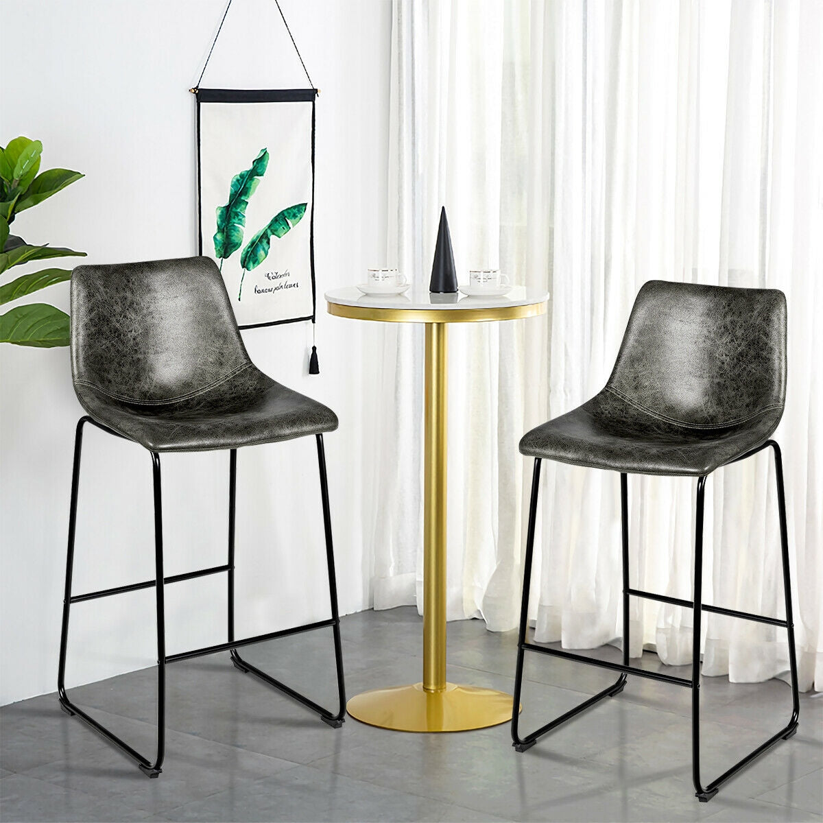 Set of 2 Bar Stool Faux Suede Upholstered Chairs