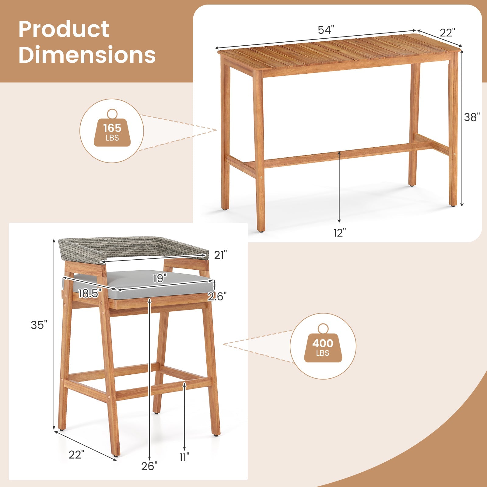 3-Piece Patio Counter Height Bar Set with Cushioned Stools