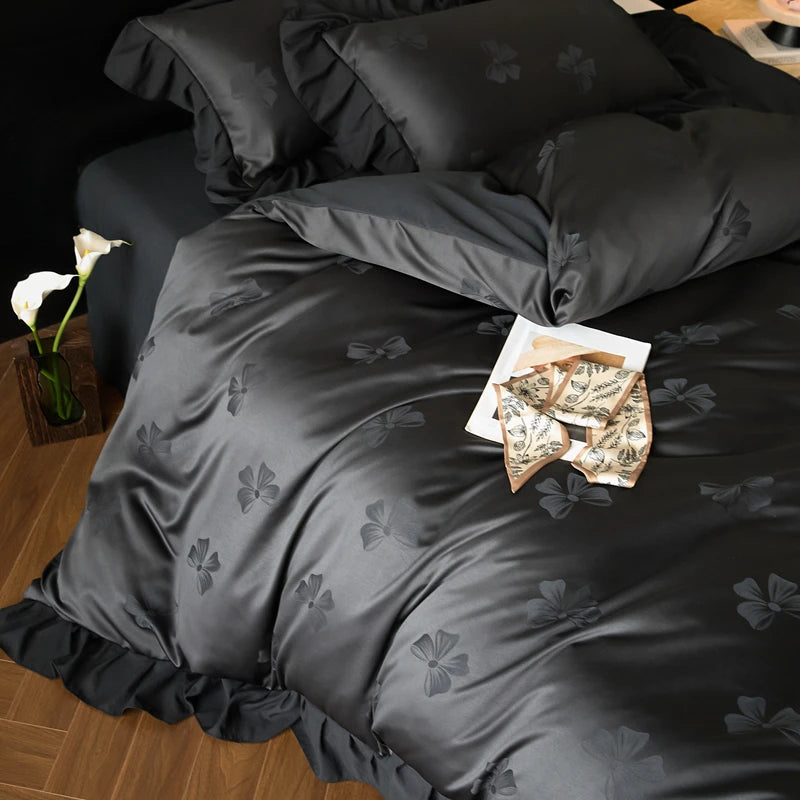 Jacquard Duvet Cover Set with Lace Washed Cotton Queen/King Size Black Comforter Cover housse de couette 220x240 Luxury Bedding