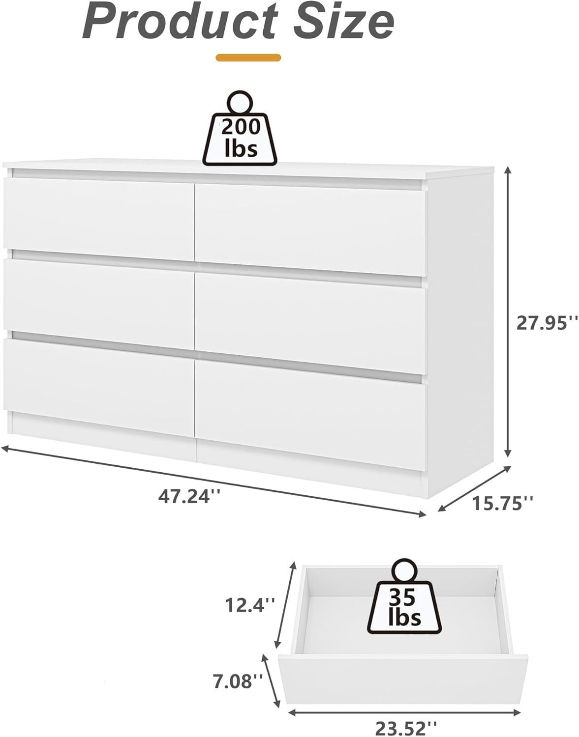 White Six Drawer Dresser Contemporary Bedroom Storage