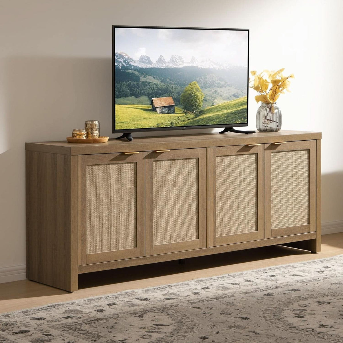 Boho Style Television Console With Rattan Cabinets