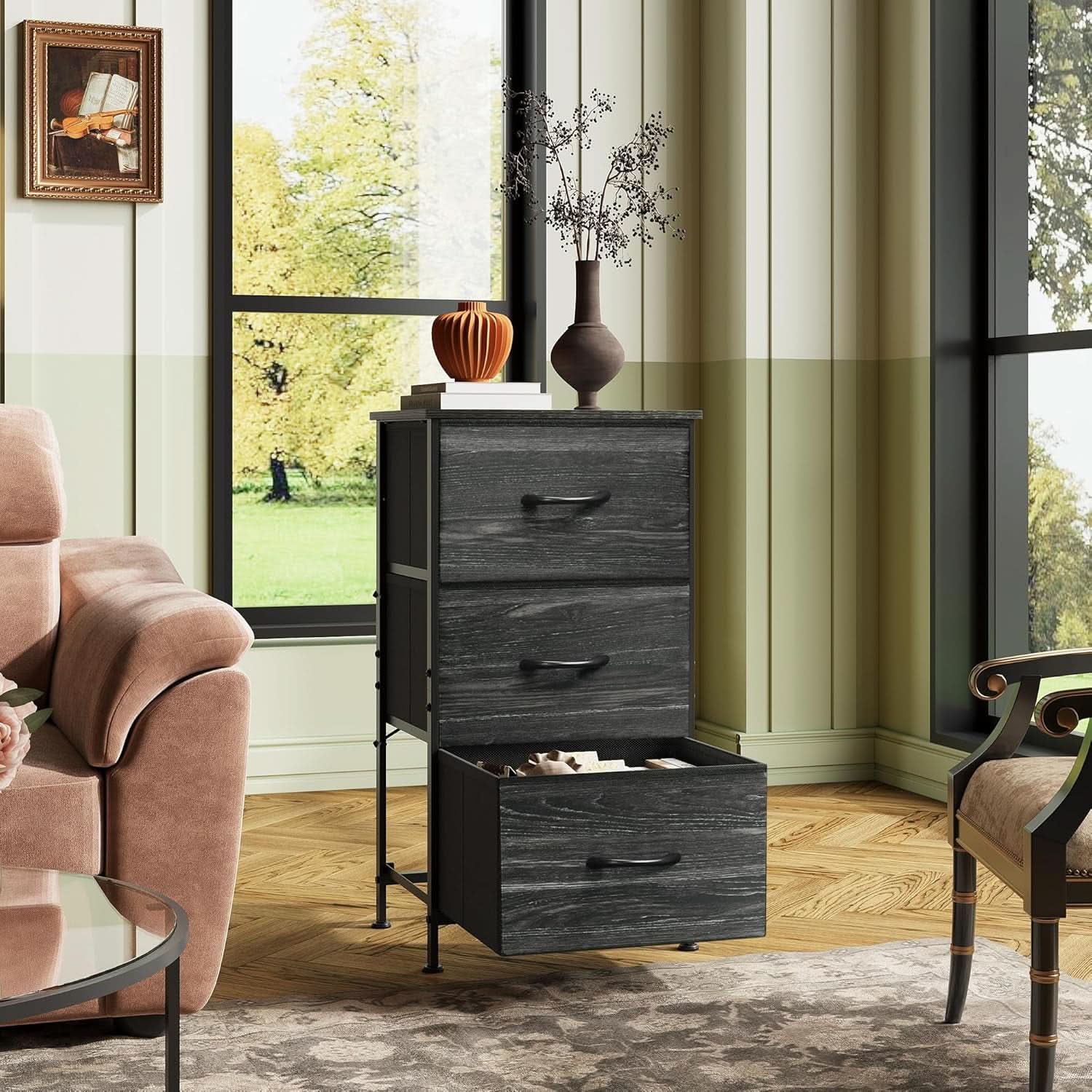 Bedroom Nightstand With Three Drawers Charcoal Black