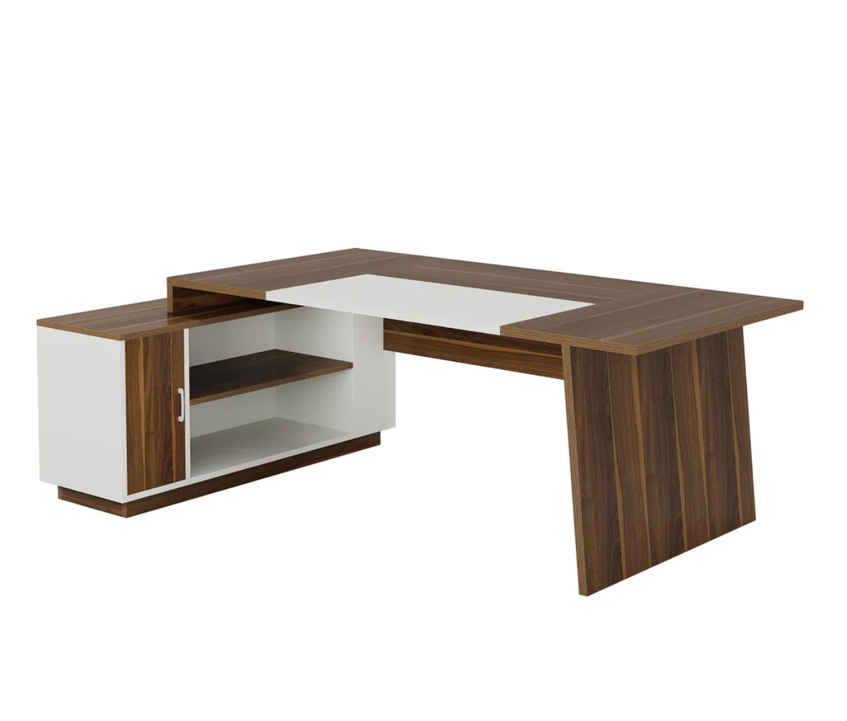 70.5" L-Shaped Executive Office Desk with Storage Cabinet & Shelves