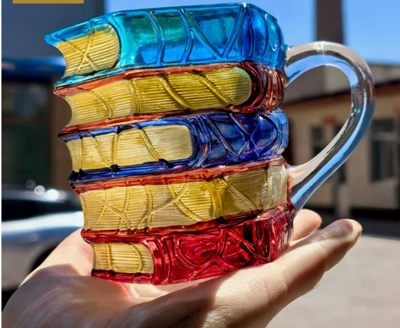 New hot selling household novelty coffee cup, high borosilicate glass cup, hand drawn stacked book mug