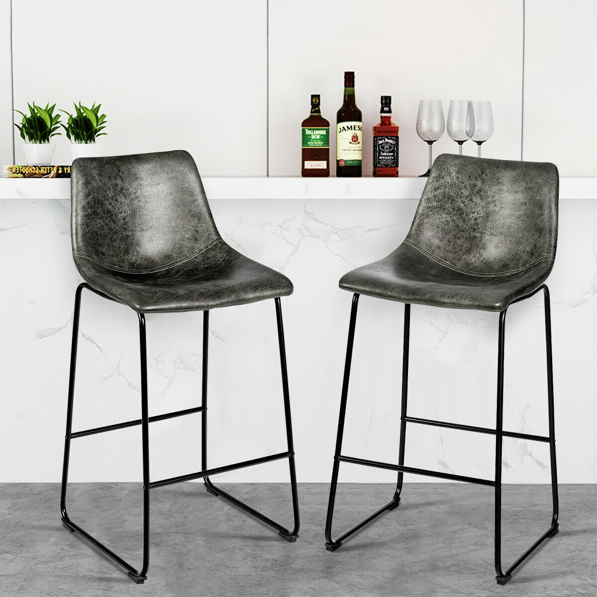 Set of 2 Bar Stool Faux Suede Upholstered Chairs