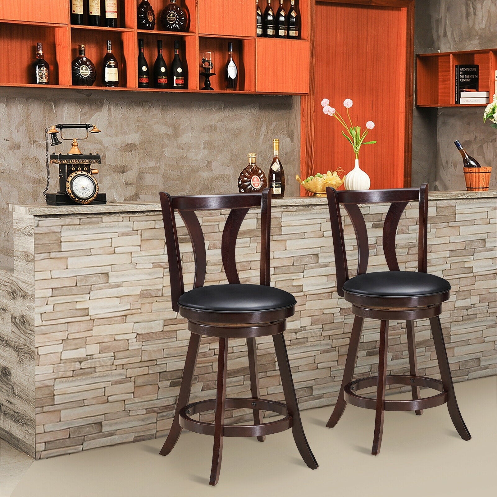 Set of 2 Swivel Bar stool 24 Inch Counter Height Leather Padded Dining Kitchen Chair