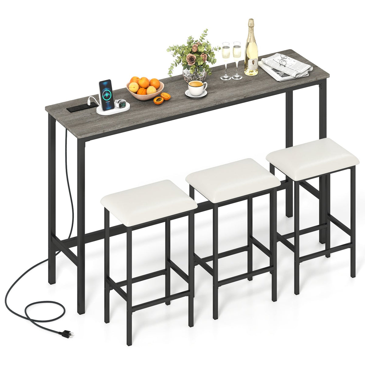 4 Pieces Counter Height Bar Table with Power Outlet with 3 Padded Stools