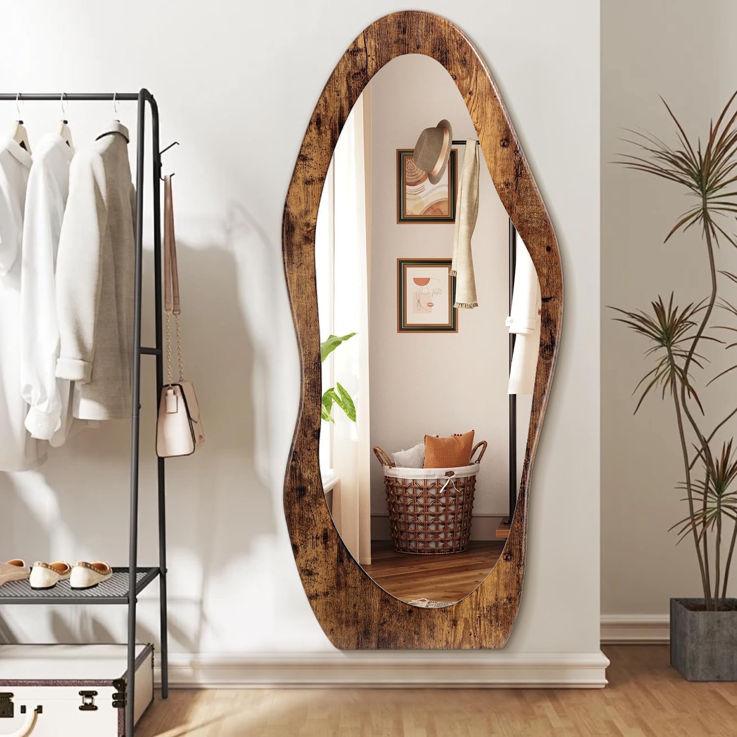 Handcrafted Oak Framed Wavy Leaning Bedroom Mirror