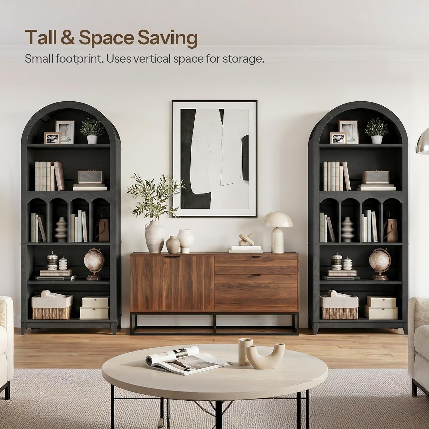 Black Five Tier Arched Bookcase For Bedroom Storage