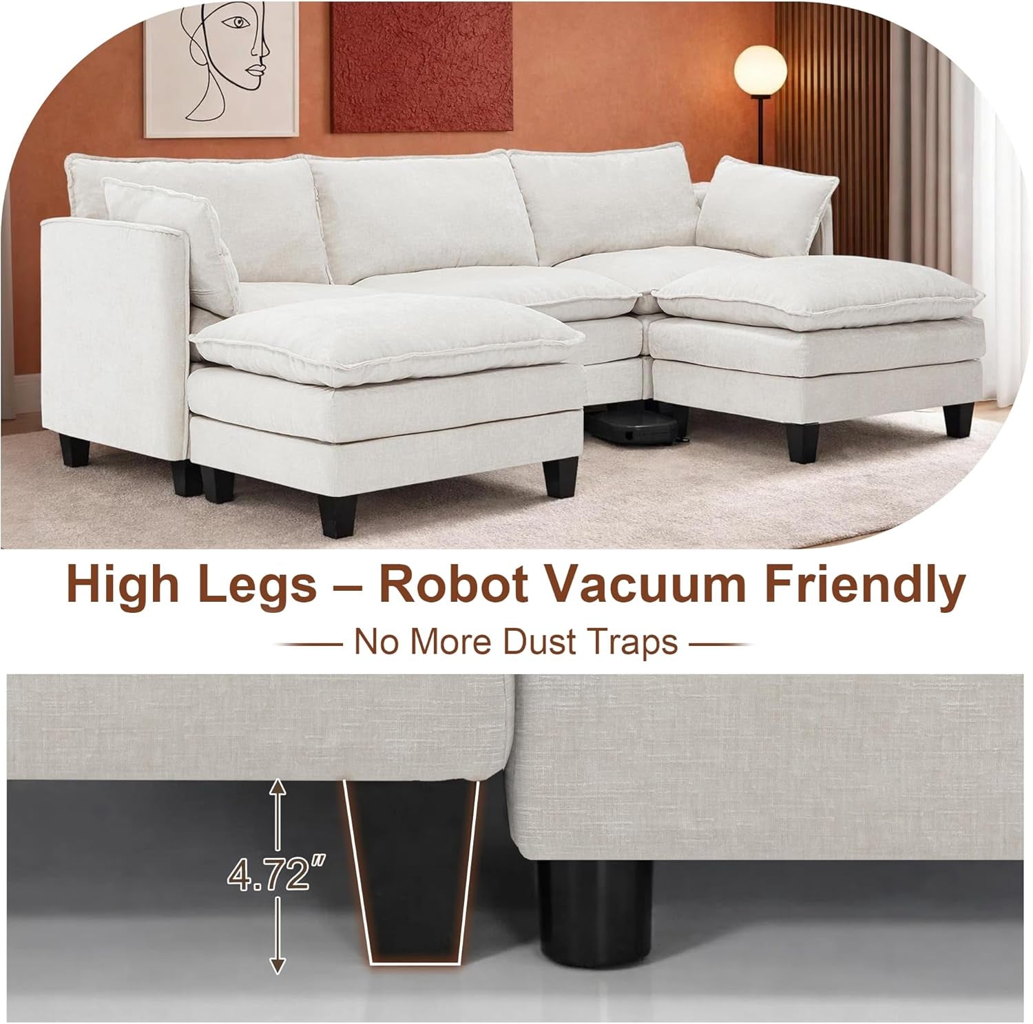111Inch Modular Sectional Sofa Beige Upholstered Cushions