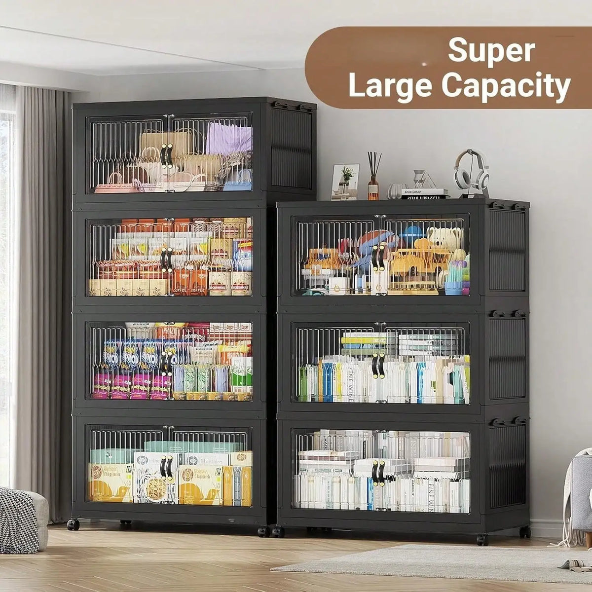 28inch 600Qt Stackable Storage Bins With Lid, Extra Large Closet Organizer Collapsible Drawer Boxes With Wheels, Folding Plastic Cabinet Containers For Home Kitchen Room Organization, 1/2/3/4/5Pack