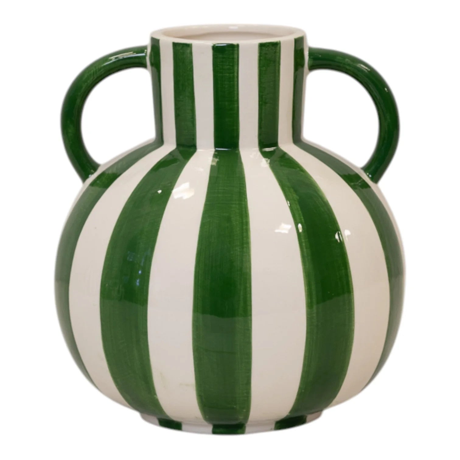 Green And White Striped Statement Vase.