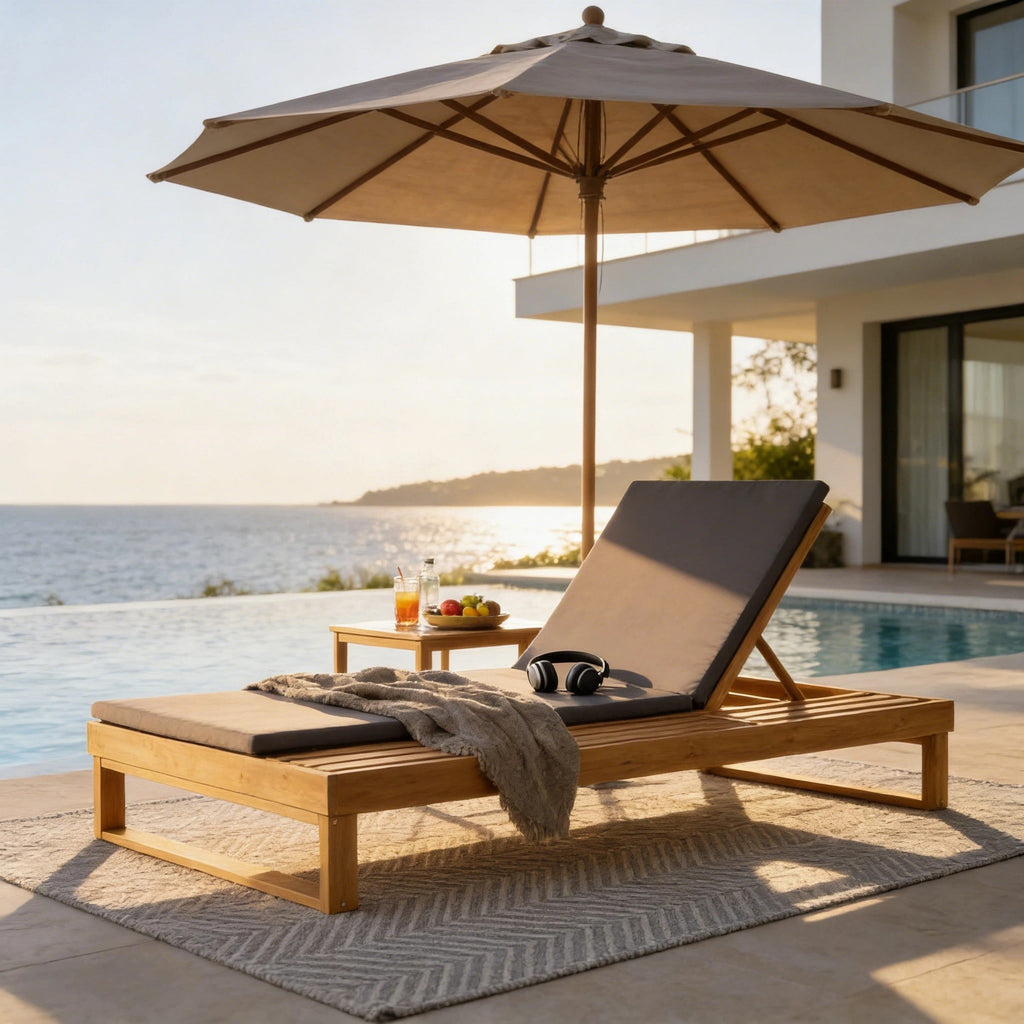 Teak Finish Acacia Wood Chaise Lounge with 1.57-Inch Cushion