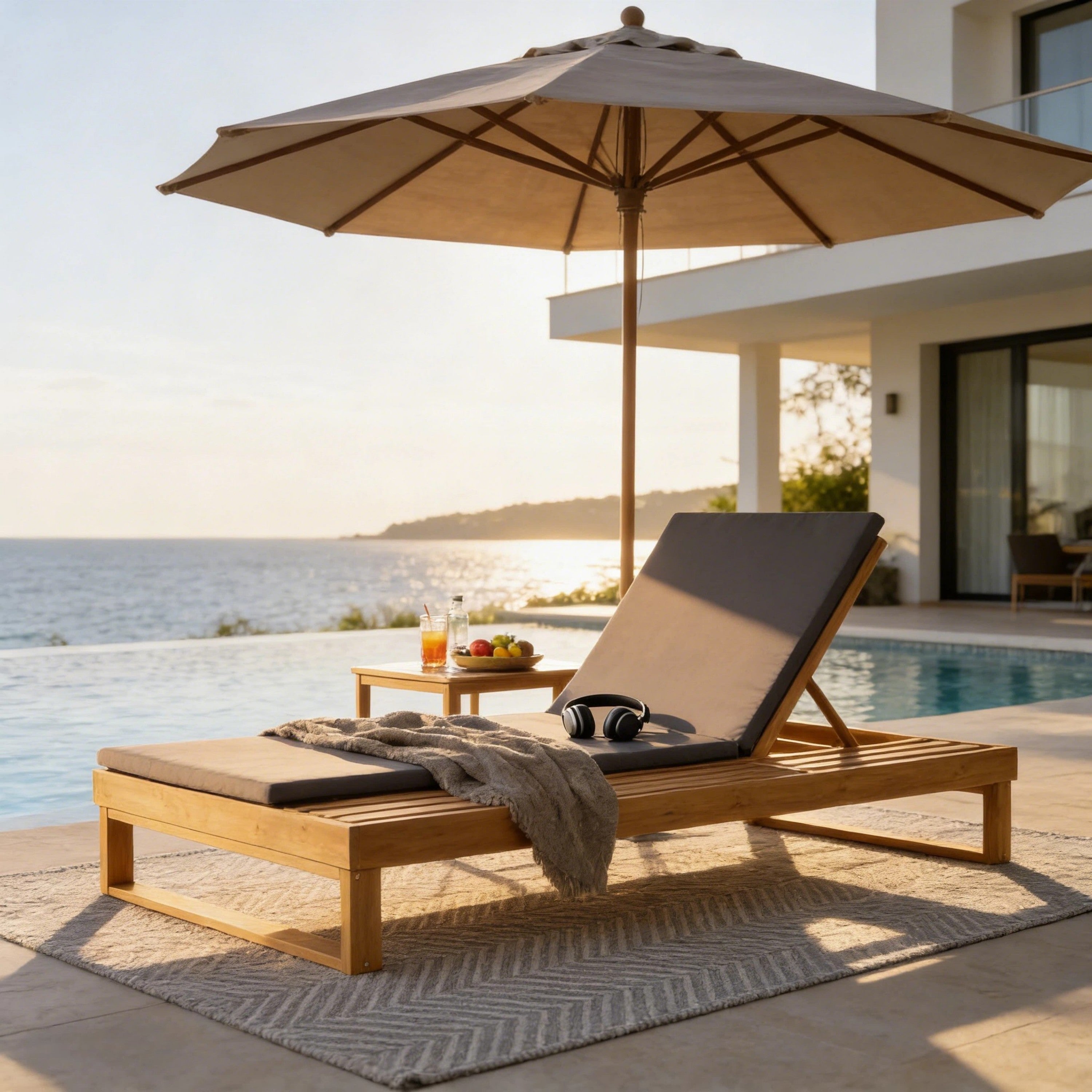 Teak Finish Acacia Wood Chaise Lounge with 1.57-Inch Cushion