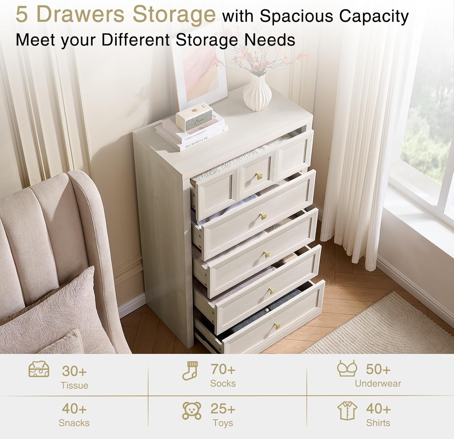 5 Drawer Dresser Grey White Modern Bedroom Storage