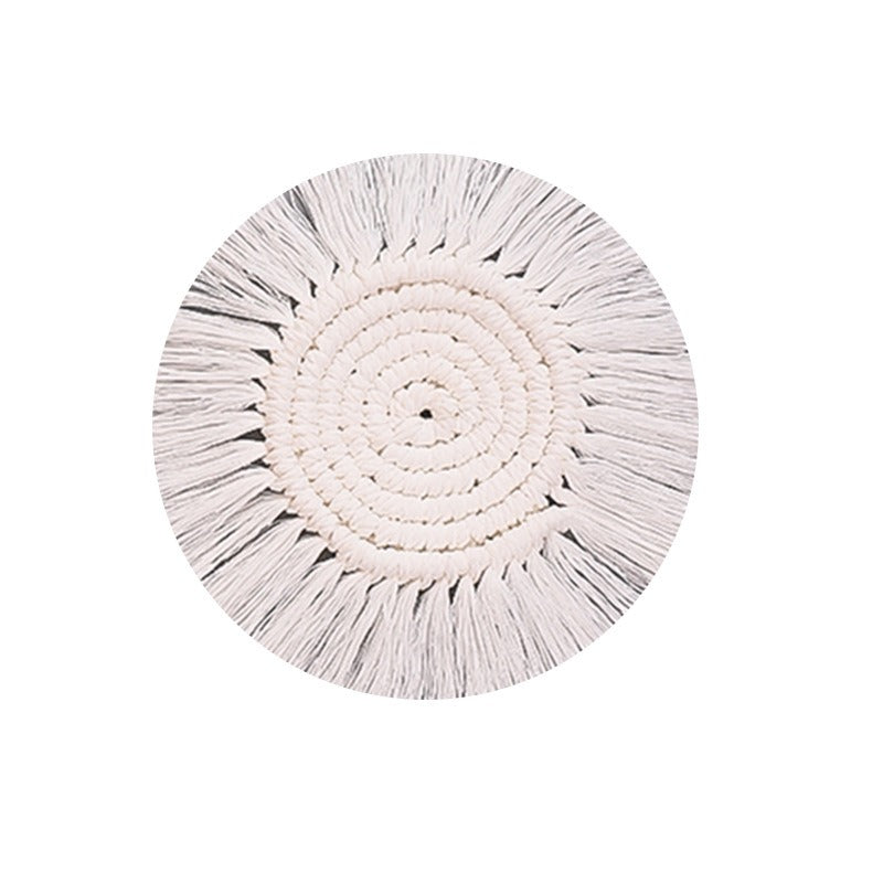 Nordic style hand woven cotton rope coaster insulation pad, white tassel desktop minimalist decorative pad