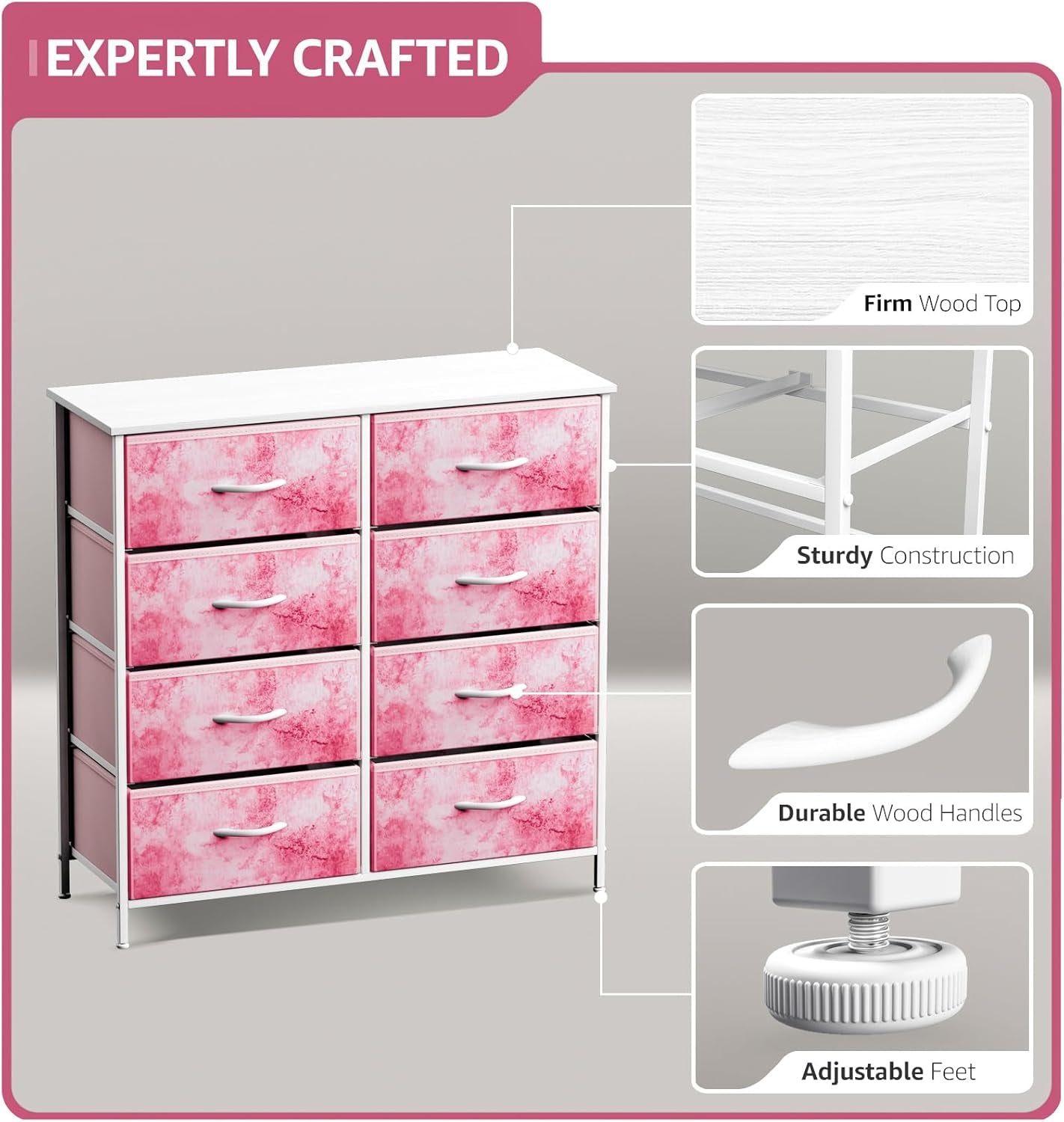 Pink Eight Drawer Dresser For Bedroom Organization