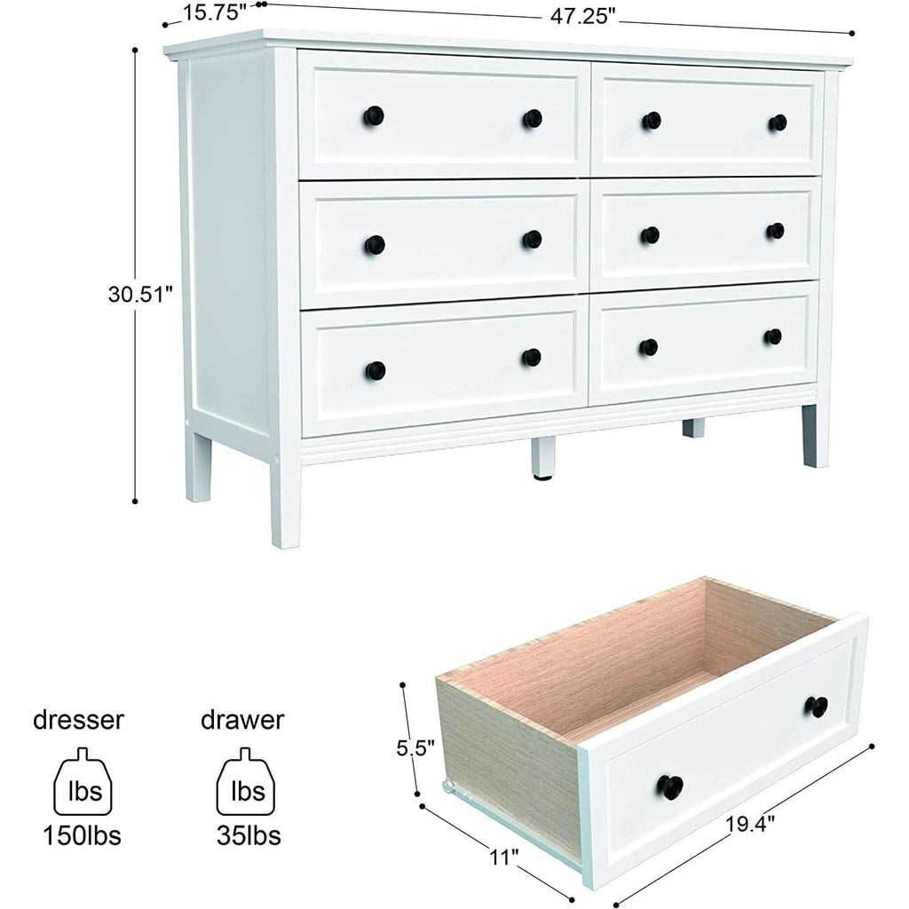 Modern White 6-Drawer Dresser With Metal Handles Bedroom