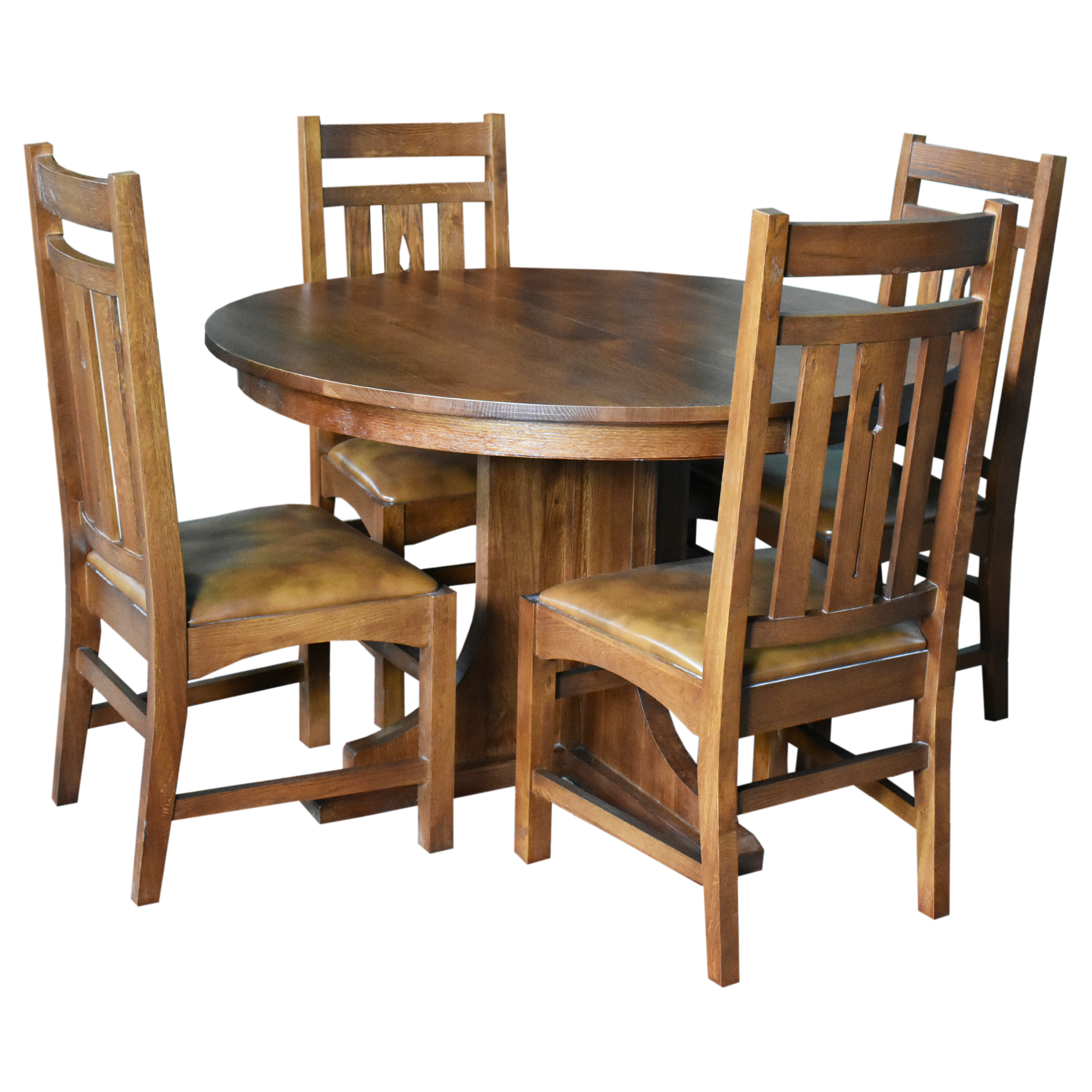 Mission Quarter Sawn Oak 2 Leaf Round Dining Table Set w/ 6 Chairs