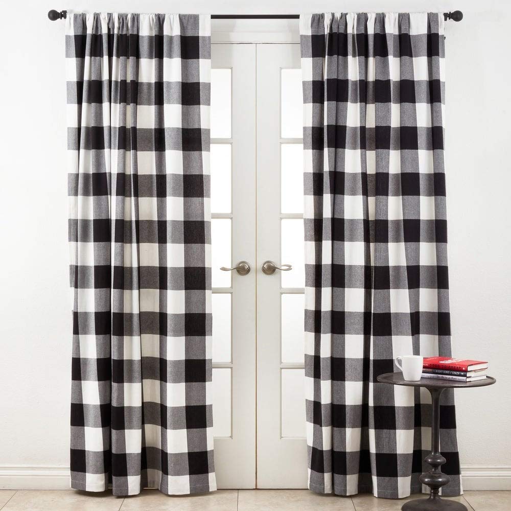 Buffalo Plaid Home Décor 100% Pure Cotton Rod Pocket Window Curtain Single 1 Panel for Bedroom, Living Room, Patio Door Backing Sliding Glass Door Drape, 54 Inches W x 96 Inches L, White-Black