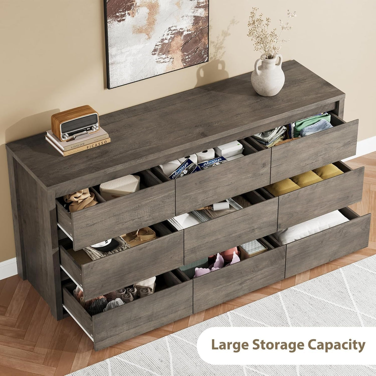 Nine Drawer Wooden Dresser With Soft Close Mechanism Bedroom