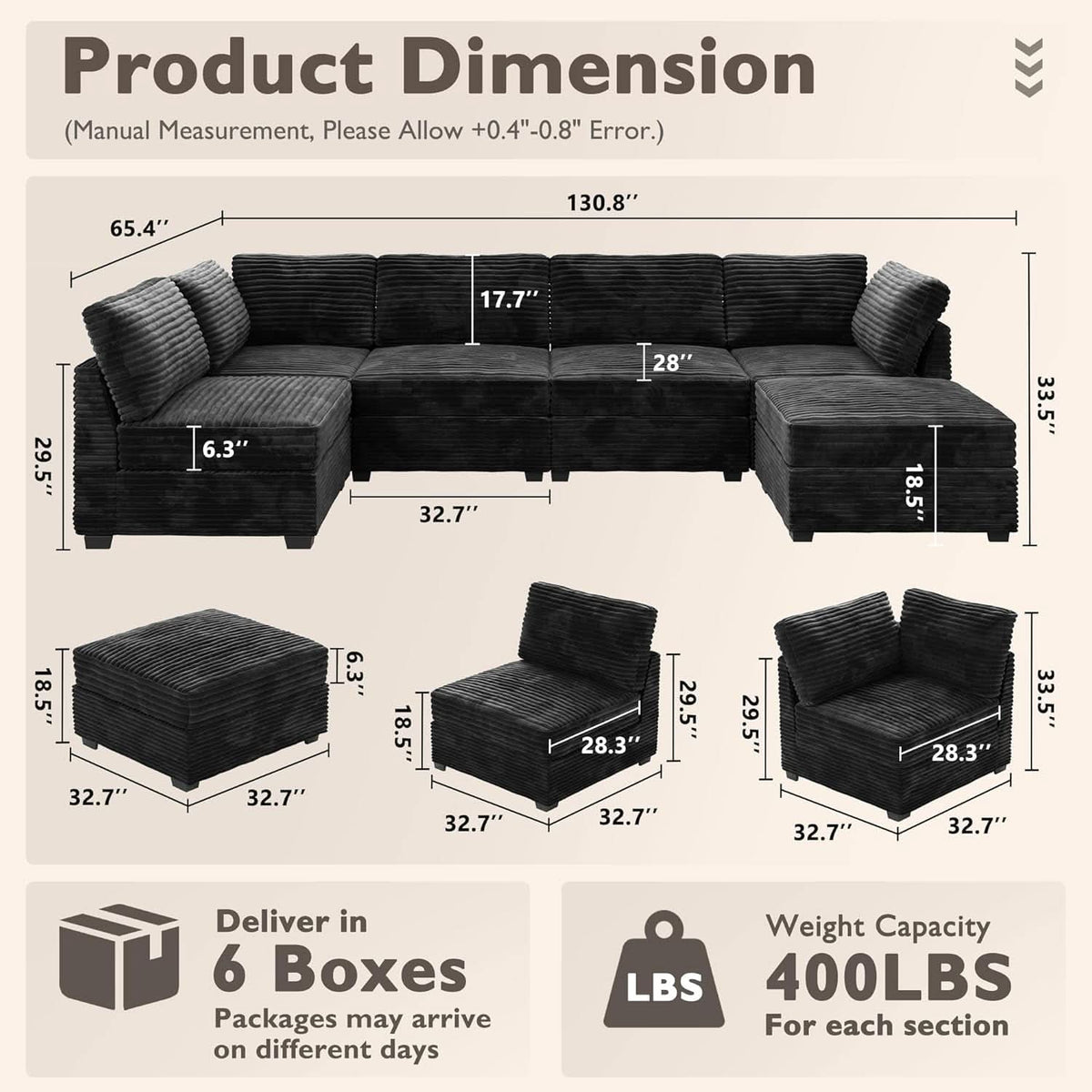 Modular Sectional Sofa Black Corduroy Convertible Sleeper