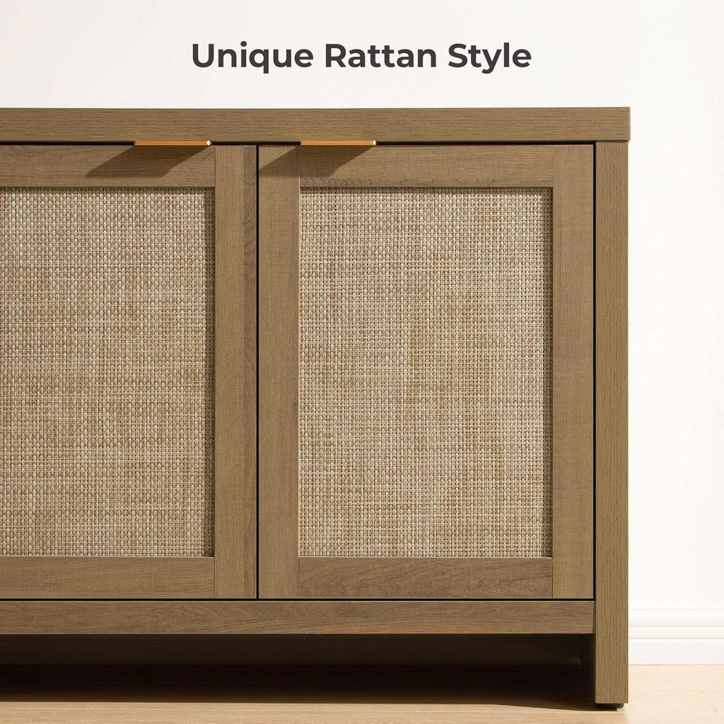 Boho Style Television Console With Rattan Cabinets