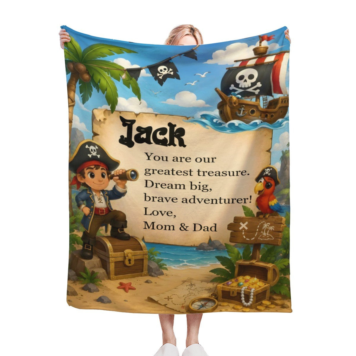 Personalized Pirate Blanket with Name and Message - Custom Treasure Island Fleece Throw for Boys and Kids - Pirate Adventure Gift