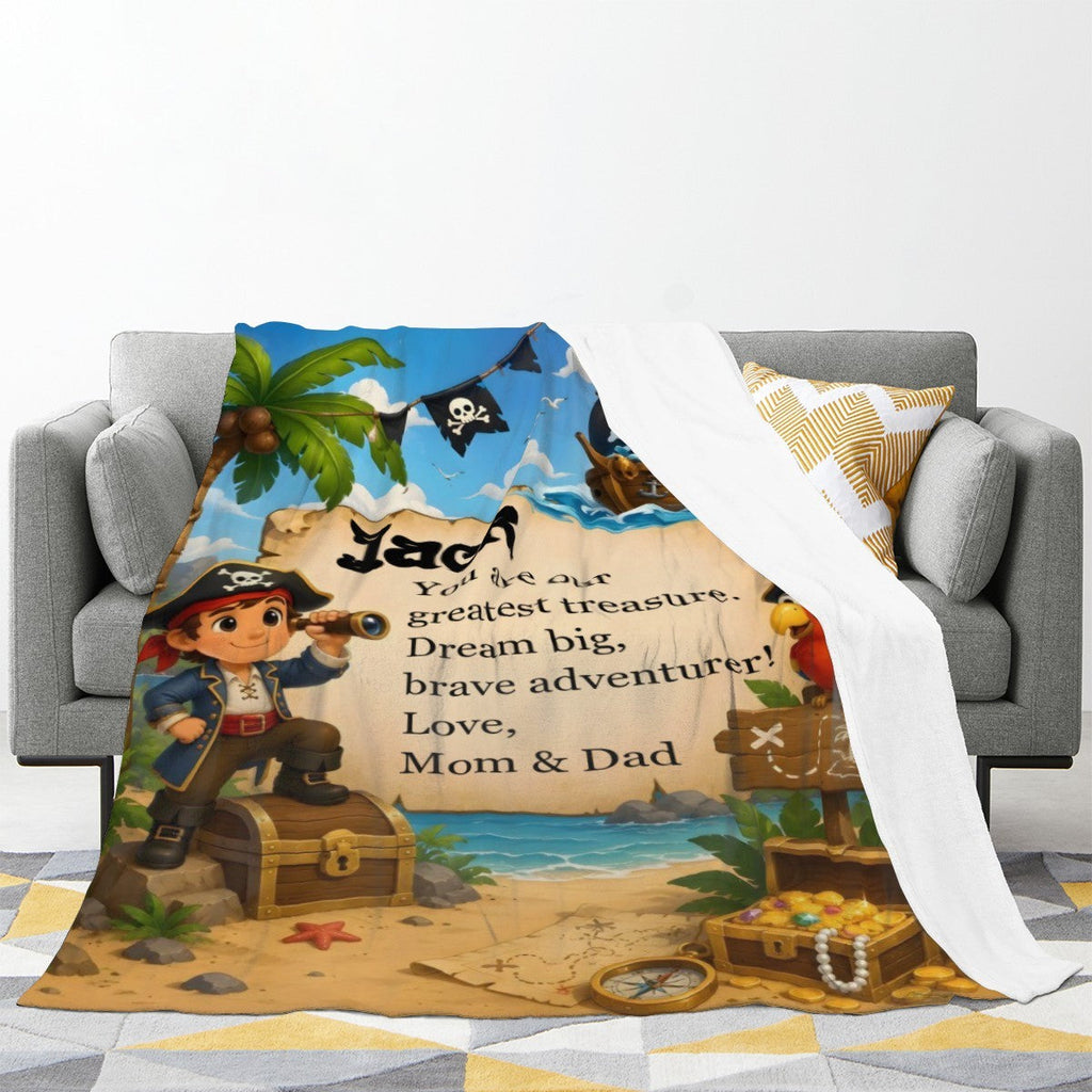 Personalized Pirate Blanket with Name and Message - Custom Treasure Island Fleece Throw for Boys and Kids - Pirate Adventure Gift