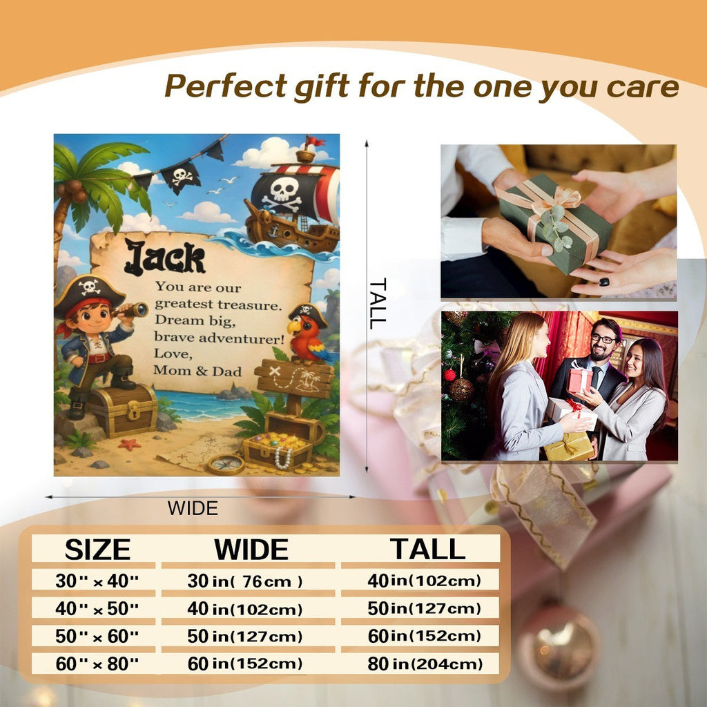 Personalized Pirate Blanket with Name and Message - Custom Treasure Island Fleece Throw for Boys and Kids - Pirate Adventure Gift