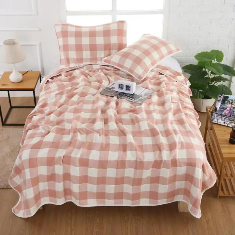 Cotton Plaid Bed Blanket - 5 Layers, Soft & Lightweight
