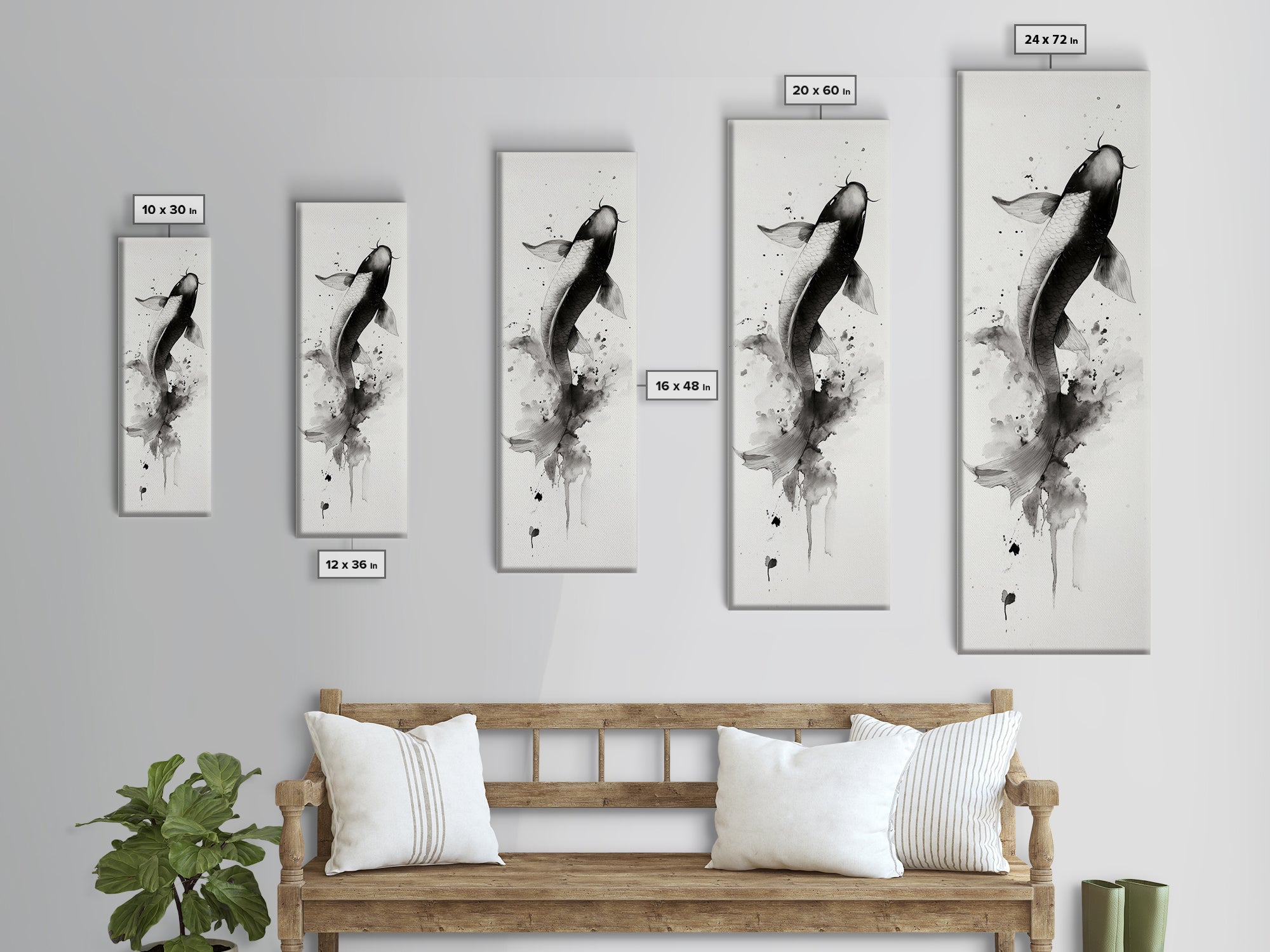 Tall Skinny Koi Fish Painting Print, Black and White Wabi Sabi Wall Art, Koi Fish Wall Decor, Japanese Style Elegant Artwork, Narrow Wall Art