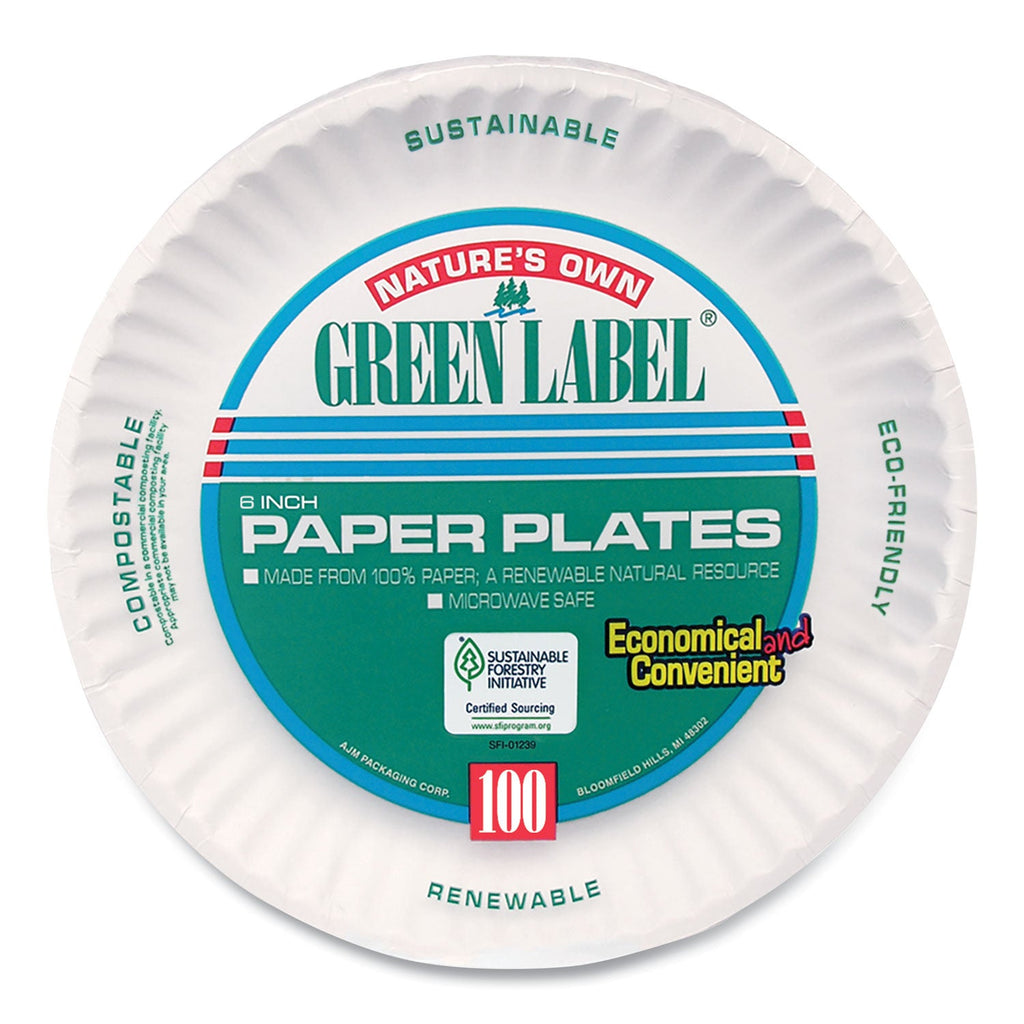 AJM Packaging Corporation White Paper Plates, 6" dia, 100/Pack, 10 Packs/Carton