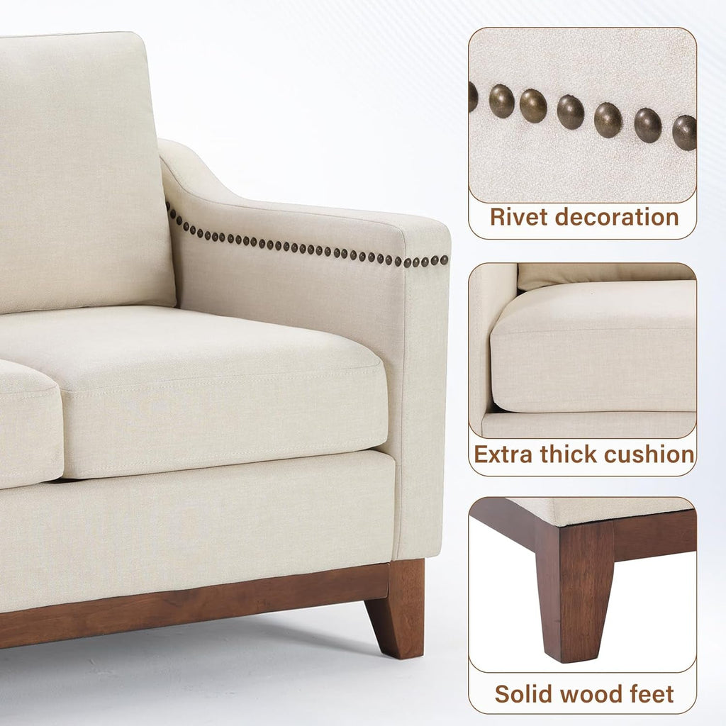 Beige ThreeSeater Upholstered Sofa With Nailhead Trim