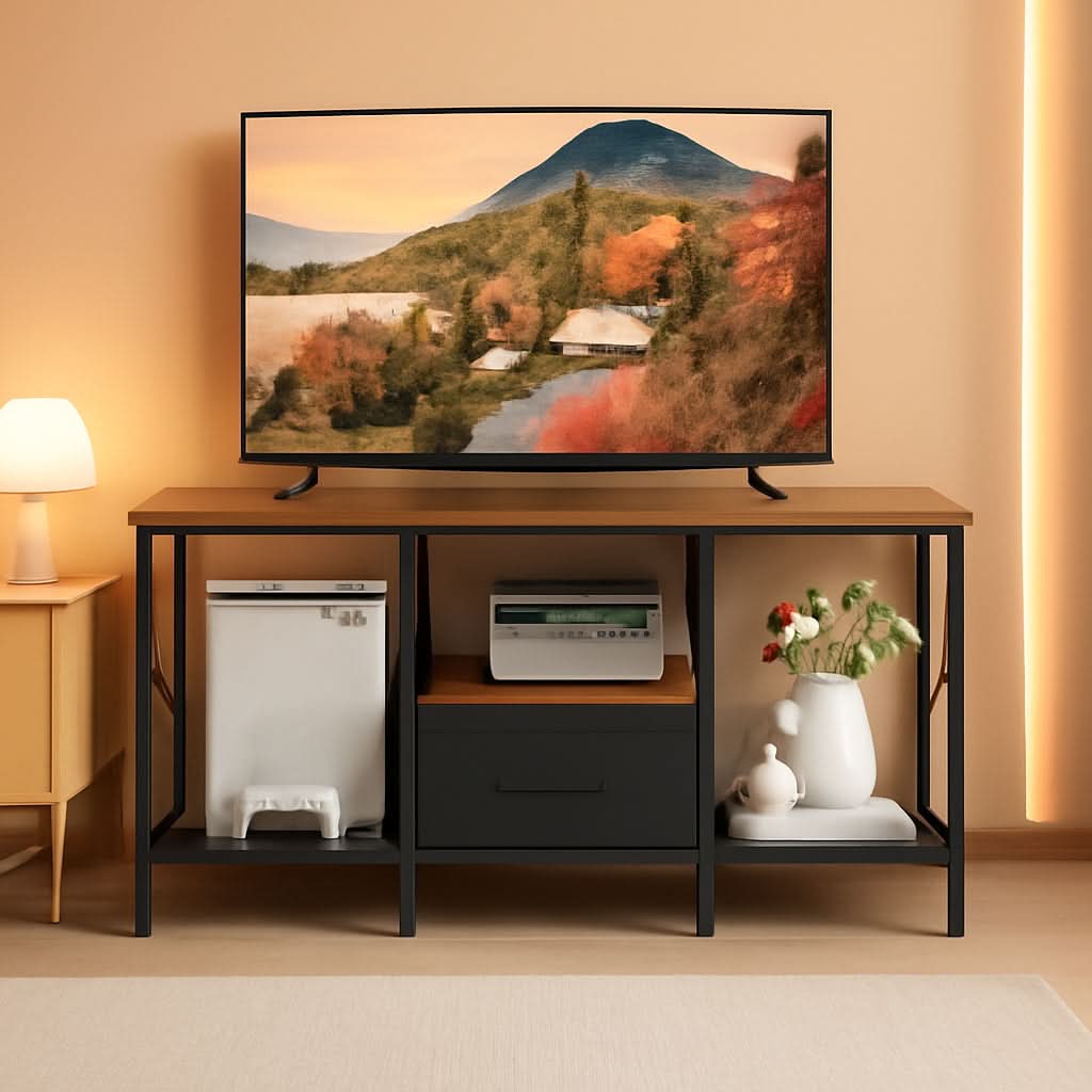 Industrial Television Console Rustic Brown Fabric Drawer