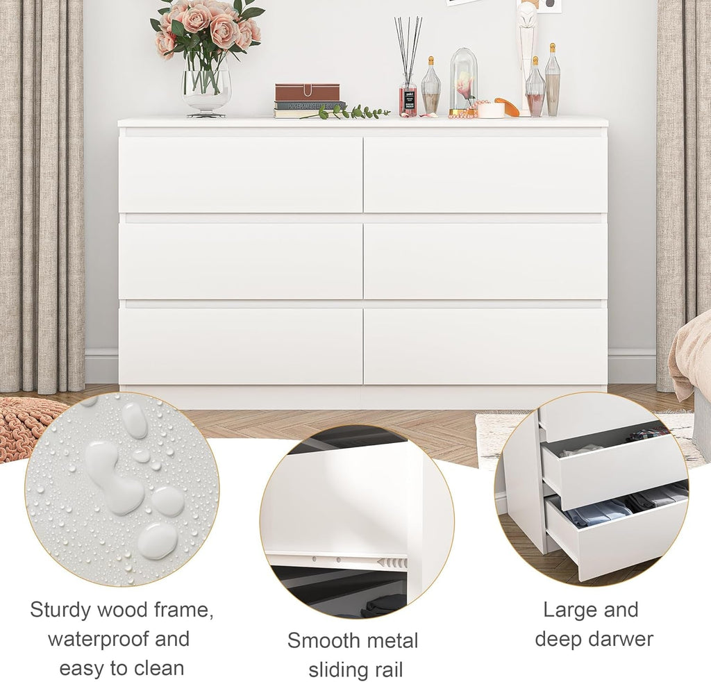 White Six Drawer Dresser Contemporary Bedroom Storage