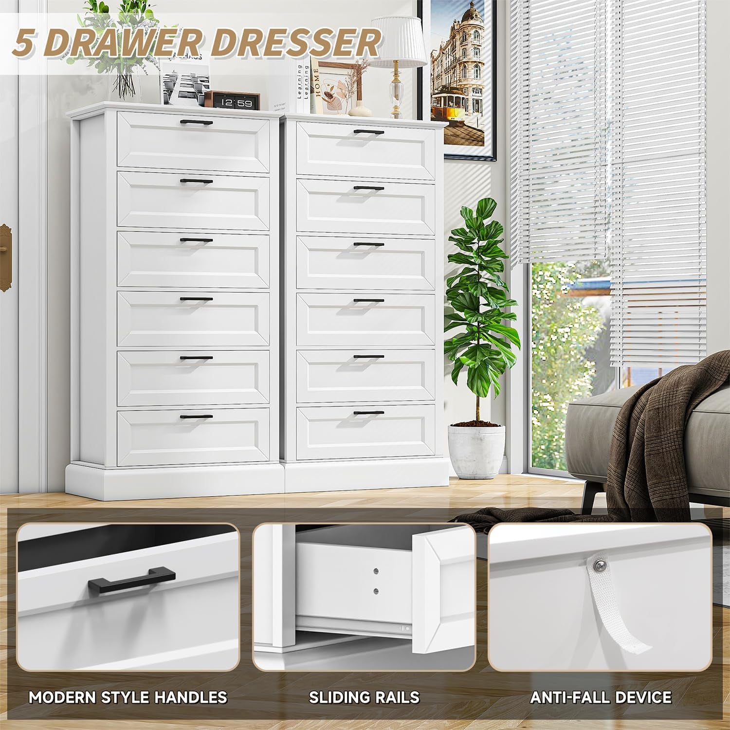 Tall White Six Drawer Contemporary Dresser Bedroom