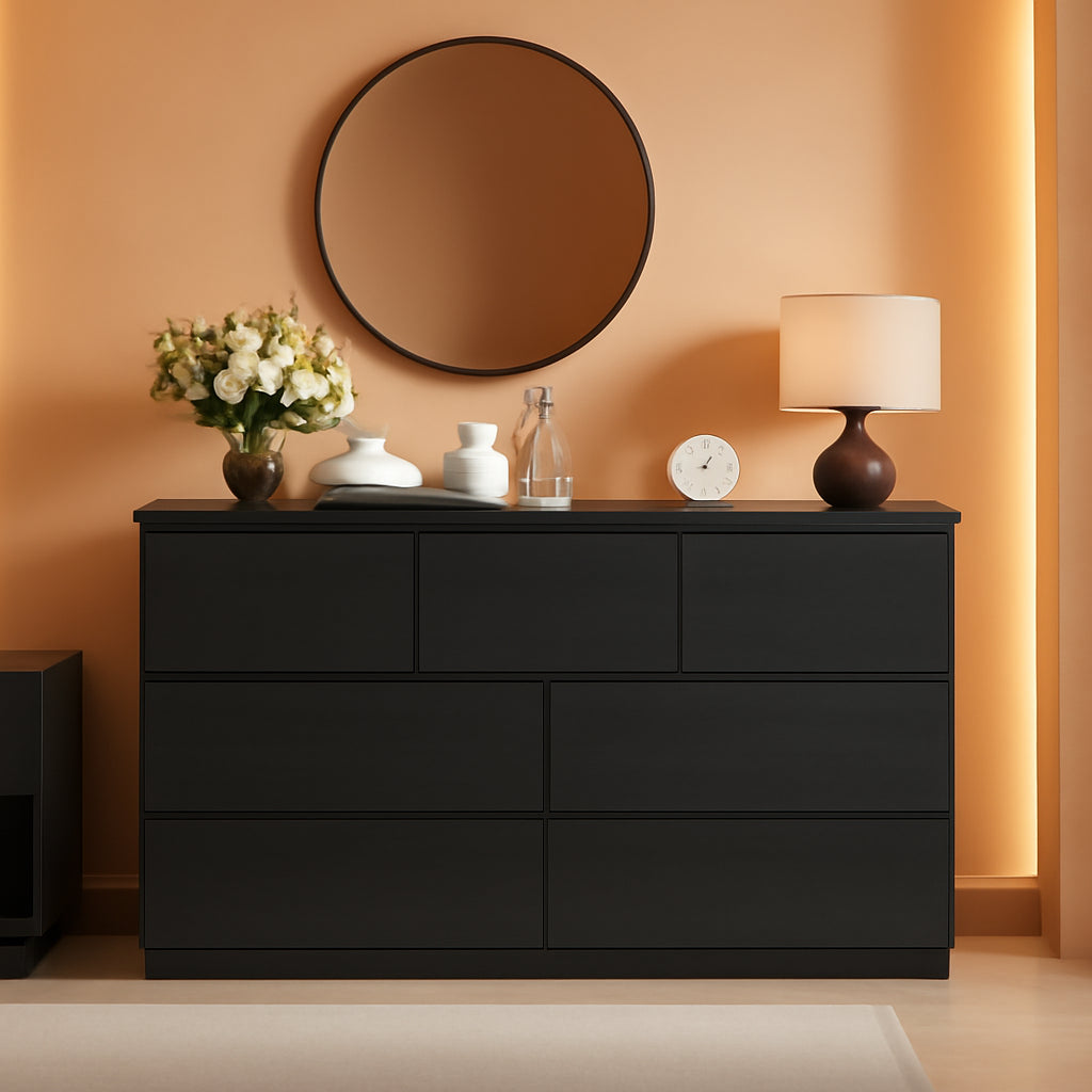 Black Seven Drawer Contemporary Wooden Dresser Bedroom