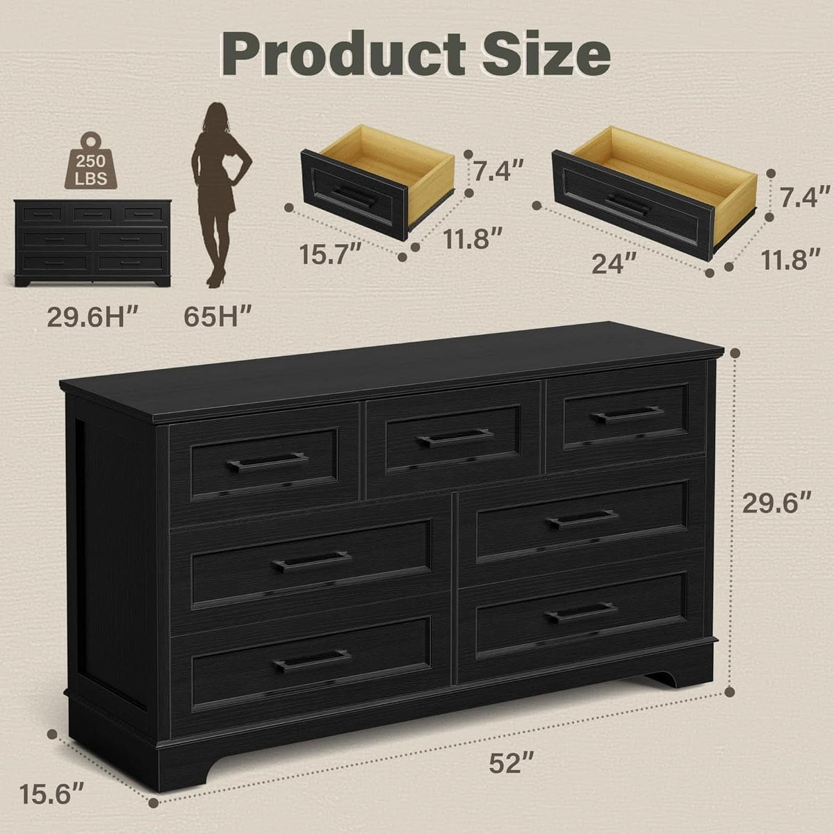 Seven Drawer Dresser For Bedroom Black Finish Storage