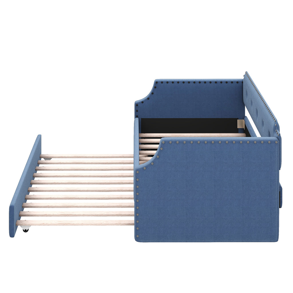 Upholstered Daybed with Trundle, Wood Slat Support,Upholstered Frame Sofa Bed Twin Blue