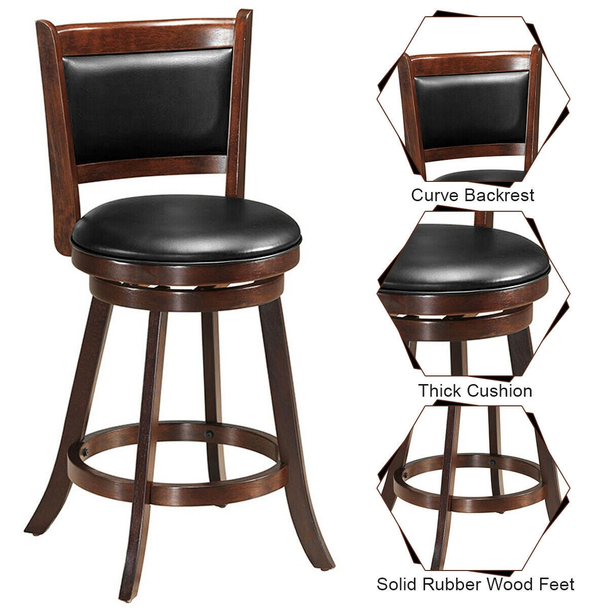 29 Inch Swivel Bar Height Stool Wooden Upholstered Dining Chair