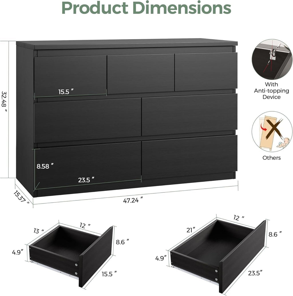 Black Seven Drawer Contemporary Wooden Dresser Bedroom