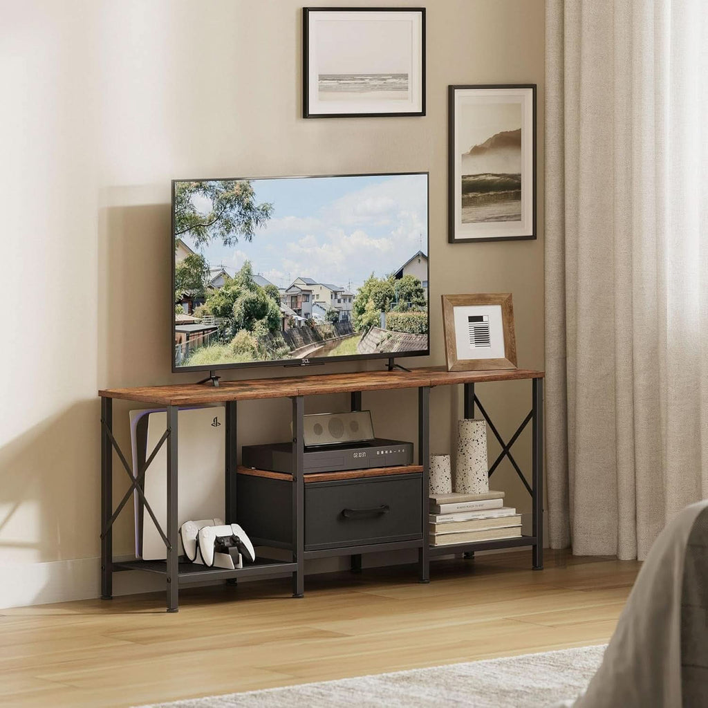 Industrial Television Console Rustic Brown Fabric Drawer