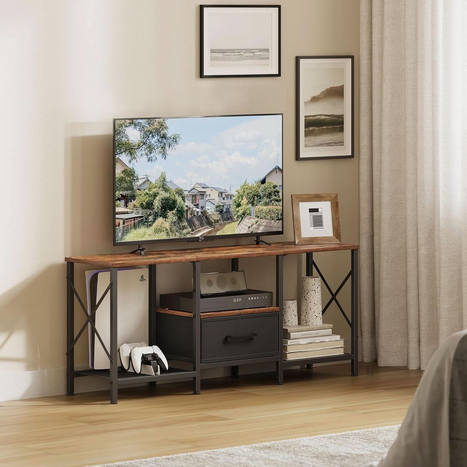 Industrial Television Console Rustic Brown Fabric Drawer